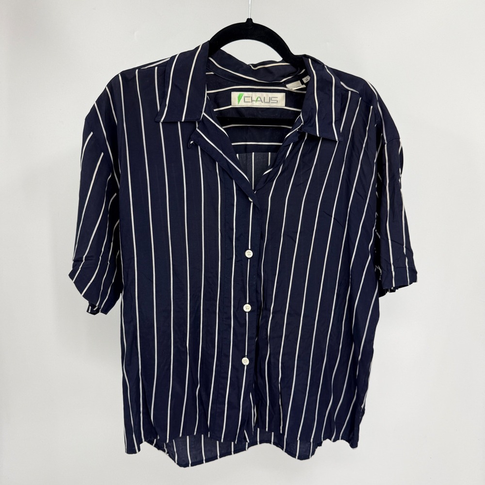 Chaus Womens Navy Blue White Striped Short Sleeve Rayon Button Down Shirt 14 VTG